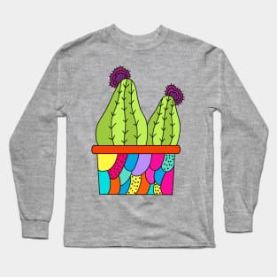 Cute Cactus Design #127: Cute Cacti In A Funky Patterned Pot Long Sleeve T-Shirt